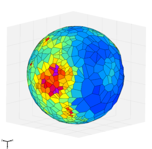 PD1 membrane receptors super-resolution imaging in a PD1 stably expressing Jurkat cell. This acquisition has been performed with our soSPIM (single-objective Selective Plane Illumination Mocroscopy) system combined with an Adaptive Optics system (MicAO, Imagine Optique). The whole volume is composed of 35 Z-sections acquired every 500 nm, with each section consisting of 22,500 frames for a total acquisition time of 13h handled fully automatically. On each frame every molecule was precisely localized in 3D through an astigmatism-based process. The final cell exhibited more than 300,000 localizations and was 10 Âµm wide. To assess the spatial organization of clusters on the cell membrane, we used their centroids to compute a Voronoi diagram on the sphere approximating the cell shape.